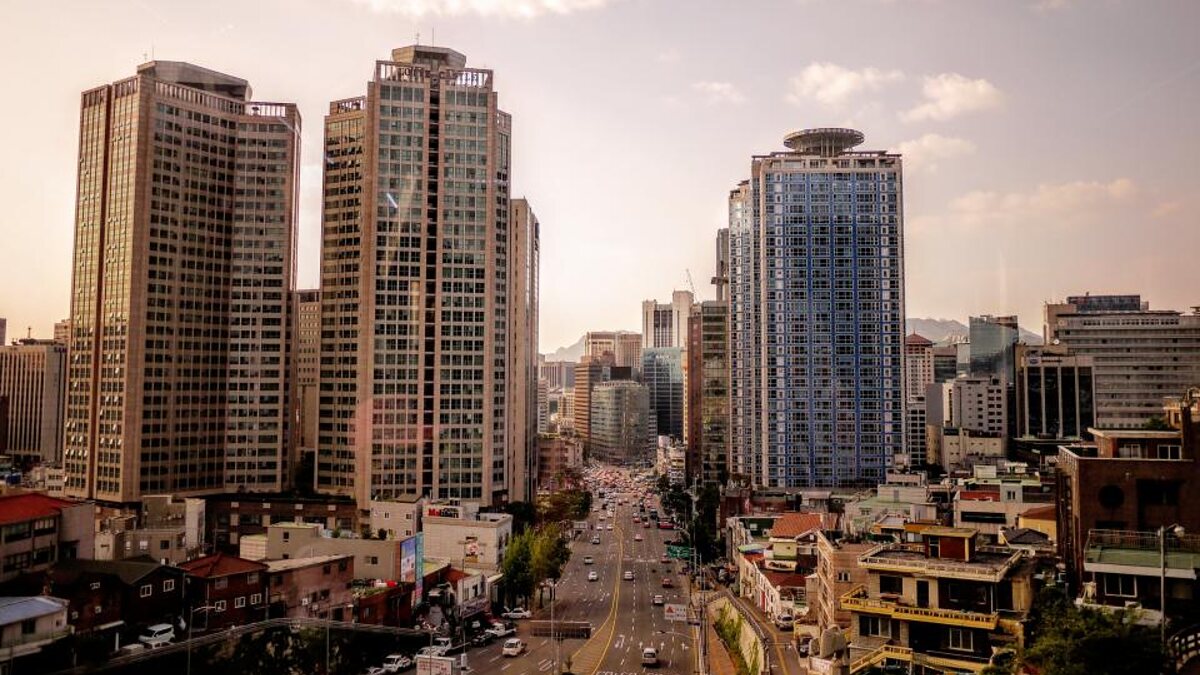 Mid-rise city buildings under a clear sky